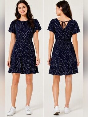 LOFT Navy & White Polka Dot Fit & Flare Dress Open Tie Back Flutter Sleeve Sz 6